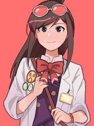 Rule 34 | 1girl, absurdres, ace attorney, badge, bag, blue vest, blush, bow, bowtie, brown hair, button badge, buttons, closed mouth, collared shirt, cornfarm, dot nose, ema skye, green eyes, highres, holding strap, jacket, long hair, name tag, orange wristband, pink-tinted eyewear, pink background, red bow, red bowtie, shirt, shoulder bag, shoulder strap, sidelocks, sleeves rolled up, smile, solo, swept bangs, tinted eyewear, topknot, upper body, vest, white-framed eyewear, white jacket, white shirt