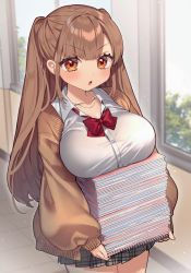 Rule 34 | black skirt, blush, bow, bowtie, breast rest, breasts, brown eyes, brown hair, brown sweater, carrying, checkered clothes, checkered skirt, hallway, highres, indoors, jewelry, kodama (sakura yuki), large breasts, long hair, long sleeves, necklace, open mouth, original, red bow, red bowtie, sakura yuki (clochette), school, school uniform, shirt, sidelocks, skirt, standing, sweater, twintails, v-shaped eyebrows, white shirt, wide sleeves, window