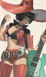 Rule 34 | 1girl, absurdres, black hair, boots, breasts, cleavage, electric guitar, fingerless gloves, gloves, green-tinted eyewear, guilty gear, guilty gear strive, guitar, hat, highres, i-no, instrument, large breasts, long sleeves, looking at viewer, mole, mole above mouth, red footwear, red headwear, red lips, short hair, suxixixi333332, thigh boots, tinted eyewear, venus symbol, witch hat