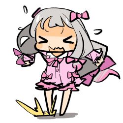 Rule 34 | &gt; &lt;, 1girl, animated, animated gif, annoyed, barefoot, blunt bangs, blush stickers, bow, chibi, clenched hands, closed eyes, collared shirt, eromanga sensei, facing viewer, flying sweatdrops, frilled sleeves, frills, hair bow, hair ribbon, hands up, izumi sagiri, knee up, leg up, long hair, long sleeves, looping animation, low-tied long hair, no nose, open mouth, outstretched arms, pajamas, pink bow, pink pajamas, pink shirt, pink shorts, ribbon, shirt, short bangs, shorts, simple background, sleepwear, solo, spread arms, standing, tantrum, tress ribbon, v-shaped eyebrows, wavy mouth, white background, yukihi