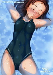 Rule 34 | 1girl, afloat, armpits, arms up, blush, breasts, brown hair, cameltoe, competition swimsuit, closed eyes, female focus, forehead, blush, highres, kawada tomoko, kimi kiss, lips, navel, one-piece swimsuit, sakura kotetsu, single vertical stripe, small breasts, solo, swimsuit, teacher, wet