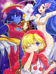 Rule 34 | 403 (artist), 4girls, animal ears, animal hands, armpits, bare shoulders, basket, big hair, blonde hair, blue eyes, blue hair, breasts, brown hair, bulleta, capcom, capelet, cat ears, cat paw, chinese clothes, claw (weapon), claws, cleavage, cleavage cutout, clothing cutout, fang, felicia (vampire), flipped hair, hat, highres, hood, knife, lei lei, lin-lin, long hair, long sleeves, multiple girls, ofuda, one eye closed, open mouth, ribbon, short hair, short sleeves, smile, vampire (game), weapon, wink, yellow eyes