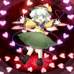 Rule 34 | 1girl, arms up, bad id, bad pixiv id, blush, boots, brown footwear, brown hat, child, female focus, flat chest, frilled shirt collar, frilled sleeves, frills, full body, green eyes, green hair, green skirt, happy, hat, hat ribbon, heart, heart background, heart of string, highres, komeiji koishi, long sleeves, looking at viewer, lotosu, open mouth, outstretched arms, red background, ribbon, shirt, short hair, sidelocks, skirt, smile, solo, spread arms, standing, third eye, touhou, wavy hair, wide sleeves, yellow ribbon, yellow shirt