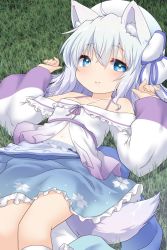 Rule 34 | 1girl, animal ears, blue eyes, blue hair, blue skirt, breasts, commission, frilled skirt, frills, hat, highres, light blue hair, long sleeves, looking at viewer, lying, medium hair, natsu no koucha, navel, off-shoulder shirt, off shoulder, on back, original, shirt, skeb commission, skirt, small breasts, tail, wide sleeves, wolf ears, wolf tail