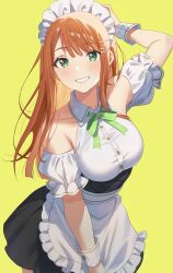 Rule 34 | 1girl, absurdres, alternate costume, apron, arm garter, arm on own head, arm up, bare shoulders, black skirt, blush, breasts, collarbone, commentary request, corset, emu (emum), enmaided, frilled apron, frills, gakuen idolmaster, green ribbon, grin, highres, idolmaster, long hair, looking at viewer, maid, maid apron, maid headdress, medium breasts, mole, mole under eye, neck ribbon, orange hair, ribbon, shirt, shiun sumika, simple background, skirt, sleeveless, sleeveless shirt, smile, solo, straight hair, very long hair, waist apron, white apron, white shirt, wrist cuffs
