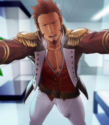 Rule 34 | 1boy, bara, bedroom, belt, blue eyes, breath, brown hair, bulge, collar, epaulettes, erection, erection under clothes, facial hair, fate/grand order, fate (series), fringe trim, goatee, itto (mentaiko), jacket, long sideburns, long sleeves, looking at viewer, pectoral cleavage, male focus, military, military uniform, muscular, napoleon bonaparte (fate), open clothes, open jacket, open mouth, open shirt, pants, pectorals, pov, scar, sideburns, solo, tight clothes, tight pants, unbuttoned, uniform, kabedon, white pants