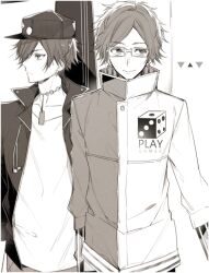 Rule 34 | 2boys, 5574iahu, closed mouth, collar x malice, facing to the side, facing viewer, glasses, greyscale, hoshino kazuki (collar x malice), jacket, jewelry, leather, leather jacket, long sleeves, looking to the side, male focus, monochrome, multiple boys, necklace, sera akito, short hair, smile