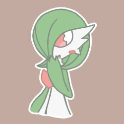 Rule 34 | 1girl, arm at side, blush, blush stickers, bob cut, brown background, colored skin, creatures (company), cropped torso, female focus, flat color, fuka umi hotaru, game freak, gardevoir, gen 3 pokemon, green hair, green skin, hair over one eye, hand to own mouth, hand up, happy, multicolored skin, nintendo, one eye covered, open mouth, outline, pokemon, pokemon (creature), red eyes, short hair, simple background, smile, solo, standing, two-tone skin, upper body, white outline, white skin