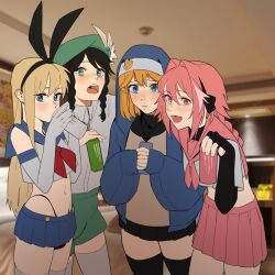 Rule 34 | 4boys, :d, :|, astolfo (fate), astolfo (sailor paladin) (fate), beret, black bow, black gloves, black hair, black panties, black skirt, blonde hair, blue eyes, blue sailor collar, blue skirt, blurry, blurry background, blush, bow, braid, bridget (guilty gear), bulge, can, cecilia flower (genshin impact), closed mouth, collared cape, commentary request, cowboy shot, crossdressing, crossover, dress, drink can, drinking, elbow gloves, fang, fate (series), fingerless gloves, flat color, flower, from side, genshin impact, gloves, green eyes, green headwear, green shorts, guilty gear, guilty gear strive, hair intakes, hairband, hand up, hat, hat flower, highleg, highleg panties, highres, holding, holding can, hong doo, hood, hood up, hooded jacket, indoors, interlocked fingers, jacket, kantai collection, korean commentary, long braid, long hair, long sleeves, looking at viewer, male focus, microskirt, midriff, monster energy, multiple boys, multiple crossover, navel, neckerchief, open mouth, own hands together, panties, photo background, pink hair, pink sailor collar, pink skirt, pleated dress, pleated skirt, red neckerchief, red sailor collar, sailor collar, shimakaze-kun, shimakaze (kancolle), short hair with long locks, shorts, side braids, single braid, skirt, sleeves past wrists, smile, soda can, standing, thighhighs, trap, twin braids, underwear, venti (genshin impact), vision (genshin impact), white gloves, white thighhighs, zettai ryouiki
