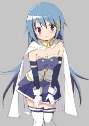 Rule 34 | 1girl, alternate hair length, alternate hairstyle, armor, armored dress, blue eyes, blue hair, blue skirt, boots, cape, detached sleeves, fortissimo, gloves, grey background, hair ornament, hairclip, highres, leaning forward, long hair, looking at viewer, mahou shoujo madoka magica, mahou shoujo madoka magica (anime), miki sayaka, musical note, musical note hair ornament, pleated skirt, skirt, smile, solo, thigh boots, thighhighs, tsubaki (tatajd), white cape, white footwear, white gloves