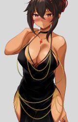 Rule 34 | 1girl, absurdres, arm at side, bare arms, bare shoulders, biting own lip, black dress, blush, breasts, brown hair, chain, chest tattoo, cleavage, collarbone, colored inner hair, cowboy shot, dark skin, double-parted bangs, dress, gold chain, grey background, hair between eyes, hair ornament, hair up, halter dress, halterneck, hand on own shoulder, highres, hip vent, large breasts, looking at viewer, low neckline, meme, meme attire, modakawa dress, mole, mole on breast, multicolored hair, original, red eyes, scrapy, simple background, sleeveless, sleeveless dress, solo, standing, tattoo, taut clothes, taut dress, wide hips