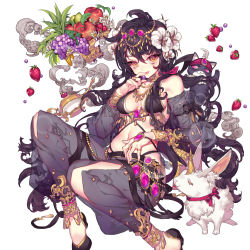 Rule 34 | 1girl, absurdres, animal, anklet, apple, arabian clothes, bikini, black bikini, black cat, black footwear, black hair, blonde hair, bracelet, breasts, cat, cleavage, cross-laced clothes, detached sleeves, eating, flower, food, from side, fruit, gem, genie, grapes, hair between eyes, hair ribbon, harem pants, highres, holding, horns, jewelry, knee up, lamp, lens flare, long hair, looking at viewer, medium breasts, navel, neck ring, official art, pants, pika (kai9464), pink eyes, pompadour, ribbon, ring, see-through, shoes, sideboob, simple background, single horn, sitting, slippers, smoke, solo, star (symbol), strawberry, swimsuit, tassel, tongue, tongue out, transparent background, turban, uchi no hime-sama ga ichiban kawaii, very long hair, white background, yellow eyes, yumemi (uchi no hime-sama)