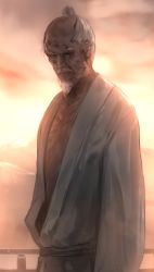 Rule 34 | 1boy, arm at side, ashina isshin, bald spot, beard, closed mouth, commentary request, cowboy shot, expressionless, facial hair, grey hair, highres, japanese clothes, kimono, long sleeves, looking at viewer, male focus, old, old man, one eye closed, open clothes, outdoors, scar, scar across eye, scar on face, sekiro: shadows die twice, short hair, sky, solo, standing, sunset, upper body, very short hair, weasel (close-to-the-edge), white kimono