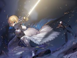 Rule 34 | 00s, 1boy, 1girl, archer (fate), armor, armored dress, artoria pendragon (fate), blonde hair, bow (weapon), dress, excalibur (fate/stay night), fate/hollow ataraxia, fate/stay night, fate (series), game cg, glowing, glowing sword, glowing weapon, saber (fate), sword, takeuchi takashi, type-moon, weapon