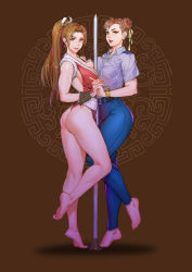 Rule 34 | 2girls, alternate costume, ass, barefoot, belt, breast press, breasts, brown eyes, brown hair, capcom, chun-li, cleavage, crossover, denim, earrings, fatal fury, feet, female focus, full body, highres, holding hands, interlocked fingers, jeans, jewelry, kneepits, large breasts, long hair, matching hair/eyes, multiple girls, ninja, pants, pole, ponytail, revealing clothes, shiranui mai, smile, standing, standing on one leg, street fighter, thighs, toes