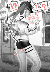 Rule 34 | !?, 1girl, ?, absurdres, arikui (ooooalikui), ass, asymmetrical legwear, bare shoulders, baseball cap, belt, blush, breasts, cellphone, choker, commentary request, crop top, cropped jacket, demon girl, demon tail, door, ear piercing, exhibitionism, feet out of frame, fishnets, hand on own stomach, hand up, hat, heart, highres, holding, holding phone, hololive, hypnosis, indoors, jacket, legwear garter, long sleeves, medium breasts, midriff, mind control, monochrome, off shoulder, open clothes, open jacket, phone, piercing, prolapse, public indecency, pussy juice, short shorts, shorts, single thighhigh, smartphone, solo, spot color, standing, sweat, tail, tail ornament, tail piercing, tank top, thighhighs, tokoyami towa, train interior, twintails, uterine prolapse, virtual youtuber, window