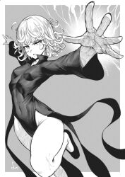 Rule 34 | 1girl, absurdres, breasts, collared dress, covered erect nipples, covered navel, dress, female focus, highres, looking at viewer, medium hair, monochrome, one-punch man, small breasts, solo, speedl00ver, tatsumaki, thick thighs, thighs