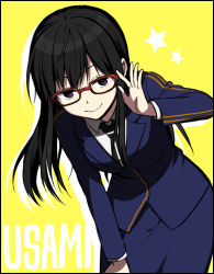 Rule 34 | 1girl, 7100potechi, adjusting eyewear, black border, black hair, black necktie, blouse, blue jacket, blue skirt, border, breasts, character name, closed mouth, collared shirt, cowboy shot, eyelashes, formal, glasses, hand up, jacket, leaning forward, long hair, long sleeves, looking at viewer, necktie, purple eyes, red-framed eyewear, shirt, skirt, skirt set, skirt suit, smile, solo, star (symbol), straight hair, suit, uniform, usami shiori, white shirt, world trigger, yellow background