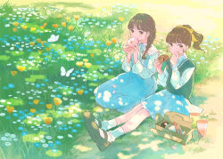 Rule 34 | 2girls, :p, black footwear, black hair, blue dress, blue skirt, bow, box, braid, bubble tea, bug, butterfly, dappled sunlight, day, doughnut, dress, eating, field, flower, flower field, food, grass, hair bow, hair over shoulder, highres, holding, holding food, inoue haruka (haruharu210), insect, long dress, long sleeves, multiple girls, nature, original, outdoors, pink bow, ponytail, shoes, sitting, skirt, smile, socks, sunlight, tongue, tongue out, vest, yellow bow