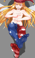 Rule 34 | 1girl, absurdres, american flag legwear, ayakumo, blonde hair, clownpiece, double v, fang, feet, flat chest, hat, highres, jester cap, licking lips, long hair, looking at viewer, navel, no shoes, pantyhose, red eyes, simple background, soles, solo, striped clothes, striped pantyhose, toes, tongue, tongue out, topless, touhou, v, very long hair