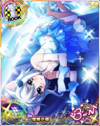 Rule 34 | 1girl, animal ears, bare shoulders, blue dress, blue footwear, blue gloves, blush, card (medium), cat ears, cat girl, cat hair ornament, cat tail, character name, chess piece, dress, gloves, hair ornament, high heels, high school dxd, high school dxd born, lying, official art, on side, rook (chess), short hair, silver hair, solo, source request, tail, torn clothes, toujou koneko, trading card, yellow eyes