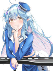 Rule 34 | 1girl, ahoge, blue hair, commentary request, flower, grin, hair flower, hair ornament, half updo, hat, highres, hinazuki maara, hololive, long hair, long sleeves, looking at viewer, pacific racing team, pointy ears, race queen, simple background, smile, solo, upper body, virtual youtuber, white background, yellow eyes, yukihana lamy