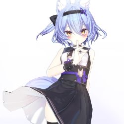 Rule 34 | 1girl, 3d, absurdres, animal ear fluff, animal ears, armadillon, black thighhighs, blue hair, blush, dress, finger to mouth, fox ears, fox girl, fox shadow puppet, fox tail, hair between eyes, hairband, highres, looking at viewer, neck ribbon, original, ribbon, short hair, skindentation, sleeveless, sleeveless dress, smile, solo, standing, tail, thighhighs, thighs, vrchat, wind, wind lift, yellow eyes, yuuko-zoku no onee-chan, zettai ryouiki