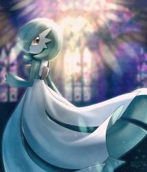 Rule 34 | blurry, blurry background, colored skin, commentary request, creatures (company), game freak, gardevoir, gen 3 pokemon, hand up, highres, looking back, nintendo, pokemon, pokemon (creature), signature, solo, stained glass, white skin, yukichi (tsuknak1)