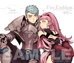 Rule 34 | 1boy, 1girl, armor, armored boots, artist name, black pants, black thighhighs, blue eyes, blue hair, blush, boots, breastplate, breasts, caspar von bergliez, cleavage, cleavage cutout, closed mouth, clothing cutout, commentary, commission, copyright name, couple, dated, detached sleeves, dress, earrings, english commentary, english text, eyelashes, fire emblem, fire emblem: three houses, fishine, gauntlets, gloves, hands on own knees, hetero, hilda valentine goneril, hoop earrings, jewelry, legs together, light blue hair, long hair, looking at another, matching hair/eyes, medium breasts, mixed-language commentary, nintendo, pants, patreon username, pink dress, pink eyes, pink hair, ponytail, red gloves, resolution mismatch, sample watermark, short dress, short hair, side-by-side, signature, simple background, sitting, smile, source larger, spiked hair, swept bangs, thighhighs, thighs, watermark, web address, white background