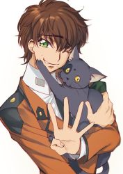 Rule 34 | 1boy, animal, brown hair, cat, code geass, collared shirt, creayus, green eyes, head tilt, holding, holding animal, holding cat, jacket, kururugi suzaku, long sleeves, looking at viewer, male focus, one eye closed, open hand, orange jacket, shirt, simple background, smile, solo, standing, sweat, tears, white background, white shirt