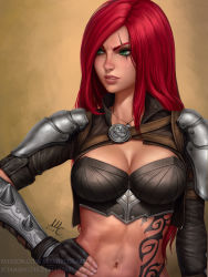 Rule 34 | 1girl, 2017, armor, breasts, brown background, cleavage, clenched teeth, commentary, green eyes, hand on own hip, highres, initial, jewelry, katarina (league of legends), league of legends, long hair, looking away, medium breasts, navel, necklace, parted lips, realistic, red hair, revision, scar, scar across eye, scar on face, sciamano240, solo, teeth, upper body, watermark, web address