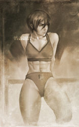 Rule 34 | 1girl, abs, arm support, art of neight, breasts, hair between eyes, highres, looking to the side, midriff, mikasa ackerman, monochrome, navel, realistic, sepia, shingeki no kyojin, solo, survey corps (emblem), swimsuit, thighs, twitter logo