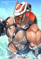 Rule 34 | 1boy, abs, algernon (housamo), alternate costume, armor, bara, colored sclera, come hither, dai-xt, day, gloves, helmet, highres, looking at viewer, male focus, muscular, outdoors, pectorals, red eyes, revealing clothes, see-through, solo, tokyo houkago summoners, toned, toned male, yellow sclera