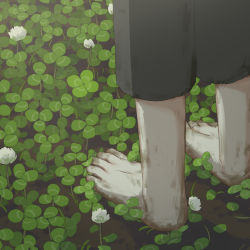 Rule 34 | 1other, absurdres, ambiguous gender, avogado6, barefoot, clover, commentary request, dirty, dirty feet, from behind, grey shorts, head out of frame, highres, original, shorts, solo