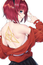 Rule 34 | 1girl, ange katrina, ange katrina (2nd costume), back, back tattoo, backless outfit, black skirt, blue eyes, blush, breasts, commentary, dress, from behind, halterneck, highres, jacket, looking at viewer, looking back, nijisanji, off shoulder, open mouth, red hair, red jacket, short hair, shunga (shun608), simple background, skirt, small breasts, smile, solo, tattoo, virtual youtuber, white background, white dress
