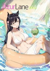 Rule 34 | 1girl, alios arvin, animal ears, atago (azur lane), atago (summer march) (azur lane), azur lane, beach, bikini, black hair, breasts, cleavage, cocktail umbrella, coconut, commentary request, day, english text, flower, hair flower, hair ornament, innertube, large breasts, long hair, looking at viewer, mole, mole under eye, open mouth, outdoors, palm leaf, reclining, sand, smile, solo, sunlight, swim ring, swimsuit, water, white bikini, wolf ears, yellow eyes