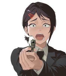 Rule 34 | 1girl, absurdres, aiming, aiming at viewer, black hair, black jacket, black necktie, chainsaw man, collared shirt, formal, gun, gun pointing at viewer, hair ornament, hairclip, higashiyama kobeni, highres, holding, holding gun, holding weapon, jacket, lem, looking at viewer, mole, mole under eye, mole under mouth, multiple moles, necktie, open mouth, screaming, shirt, short hair, short ponytail, simple background, single sidelock, solo, suit, weapon, white background, white shirt