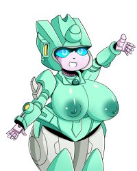 Rule 34 | blue eyes, breasts, colored nipples, glassyshine, green nipples, hasbro, highres, joints, large breasts, moonracer, nipples, open mouth, robot, robot girl, robot joints, smile, solo, transformers, white background