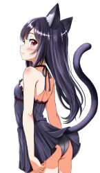 1girl animal_ears ass bare_shoulders black_chemise black_hair black_panties breasts cat_ears cat_girl cat_tail leon_no_neko long_hair looking_at_viewer looking_to_the_side original panties red_eyes simple_background small_breasts smile tail underwear white_background