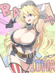 Rule 34 | 10s, 1girl, armpits, arms up, belt, blonde hair, blue eyes, breasts, cleavage, elbow gloves, fingerless gloves, garter straps, gloves, highres, huge breasts, iowa (kancolle), kantai collection, large breasts, long hair, solo, star-shaped pupils, star (symbol), striped clothes, striped thighhighs, symbol-shaped pupils, thighhighs, uchiage cola