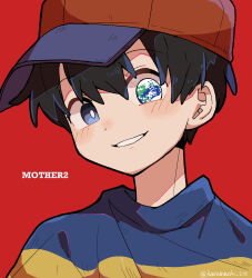 Rule 34 | 1boy, baseball cap, black hair, blue eyes, child, copyright name, earth (planet), happy, haru-cho, hat, heterochromia, highres, male focus, mother (game), mother 2, ness (mother 2), nintendo, planet, red background, shirt, short hair, smile, solo, striped clothes, striped shirt, upper body