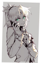 Rule 34 | 1girl, braid, cellgloves, commentary request, fang, fate/apocrypha, fate/grand order, fate (series), french braid, green eyes, grey background, greyscale, jacket, long hair, monochrome, mordred (fate), mordred (fate/apocrypha), open mouth, ponytail, scrunchie, simple background, sketch, solo, spot color, suit jacket, talking on phone, upper body, yorukun