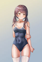 Rule 34 | 1girl, absurdres, bang dream!, bare shoulders, black hair, blue one-piece swimsuit, blush, breasts, choker, cleavage, closed mouth, cowboy shot, furiousghafo, futaba tsukushi, gradient background, grey background, groin, hair tie, heart, heart choker, highres, looking to the side, low twintails, medium breasts, medium hair, one-piece swimsuit, orange eyes, school swimsuit, sleeveless, solo, spaghetti strap, standing, swimsuit, thighhighs, twintails, wet, wet clothes, wet swimsuit, white thighhighs