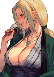 Rule 34 | 1girl, blonde hair, breasts, cleavage, holding, hungry clicker, jewelry, large breasts, lips, long hair, low ponytail, nail polish, naruto, naruto (series), necklace, parted lips, sidelocks, solo, tsunade (naruto), upper body, white background