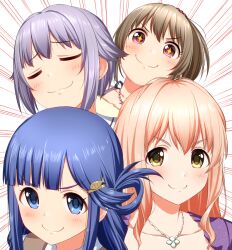 4girls :3 asari_nanami blue_eyes blue_hair blunt_bangs brown_hair c: closed_eyes closed_mouth collarbone commentary_request emphasis_lines fish_hair_ornament grey_hair hair_intakes hair_ornament hori_yuko idolmaster idolmaster_cinderella_girls koshimizu_sachiko long_hair multiple_girls orange_hair pink_eyes ponytail saionji_kotoka short_hair sidelocks single_hair_ring smile split_mouth u_u v-shaped_eyebrows yellow_eyes yoyomura