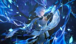 Rule 34 | 1boy, arm up, armor, asymmetrical hair, black armor, black gloves, blue eyes, blue hair, blurry, closed mouth, crest, depth of field, expressionless, family crest, flower, from behind, genshin impact, gloves, gold trim, hair between eyes, highres, holding, holding sword, holding weapon, jacket, japanese armor, japanese clothes, kamisato ayato, liquid flower, liquid weapon, long sleeves, looking at viewer, looking back, male focus, medium hair, miliya, pants, petals, ripples, shoulder armor, single sode, sode, solo, sword, tassel, tree, upper body, water, weapon, white jacket, white pants, wide sleeves