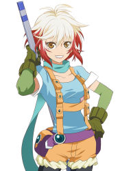 Rule 34 | 1girl, artist request, blue scarf, blue shirt, brown eyes, colored tips, cowboy shot, gloves, green gloves, grin, hand on own hip, multicolored hair, official art, pascal (tales), red hair, scarf, shirt, short hair, shorts, smile, solo, staff, suspenders, tales of (series), tales of graces, two-tone hair, white background, white hair