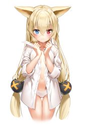 Rule 34 | 1girl, :3, alternate costume, animal ears, barcode, barcode tattoo, blonde hair, blouse, blue eyes, blush, breasts, cat ears, closed mouth, collarbone, collared shirt, cropped legs, dress shirt, g41 (girls&#039; frontline), girls&#039; frontline, hair between eyes, hair ornament, hands up, heterochromia, highres, long hair, long sleeves, looking at viewer, low-tied long hair, low twintails, marmoset (marmoset0), navel, no pants, panties, red eyes, shirt, simple background, small breasts, solo, tattoo, twintails, underwear, very long hair, white background, white panties, white shirt