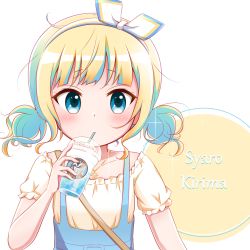 Rule 34 | 1girl, blonde hair, blue eyes, blue hair, blue skirt, character name, collarbone, cup, disposable cup, drinking straw, gochuumon wa usagi desu ka?, goth risuto, hairband, holding, holding cup, jewelry, kirima syaro, low twintails, multicolored hair, pendant, shirt, short sleeves, skirt, solo, suspender skirt, suspenders, twintails, two-tone hair, upper body, white background, white hairband, white shirt