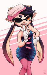 Rule 34 | + +, 1girl, ;), black dress, black hair, breasts, callie (splatoon), cowboy shot, detached collar, dress, earrings, eyebrows, fangs, food, food on head, furin94, gloves, hand on own hip, index finger raised, inkling, jewelry, nintendo, object on head, one eye closed, orange eyes, pantyhose, pink pantyhose, pointy ears, short jumpsuit, small breasts, smile, solo, splatoon (series), splatoon 1, strapless, strapless dress, tentacle hair, thick eyebrows, white gloves